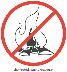 The ban on making campfires. A sign that does not allow burning bonfire on the ground. Danger of forest fires. Flame with a red line. Black and white. Monochrome