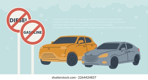 Ban on petrol and diesel cars in Europe until 2035. Two different cars with prohibitory road signs petrol and diesel. Vector flat illustration.