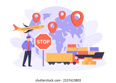 Ban on transport of goods by air and land. Customs officer with stop sign flat vector illustration. Transport restriction, prohibition or sanctions on movement of cargo. Crisis, trade, economy concept