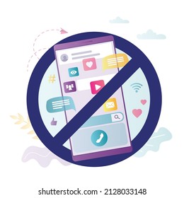 Ban on use of mobile phone. Warning sign, please turn off your smartphone. Prohibition use of social networks and Internet. Cell phone with various app, signs. Flat vector illustration