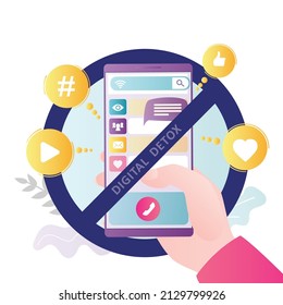 Ban on use of mobile phone. Warning sign, please turn off your smartphone. Digital detox. Prohibition use of social networks and Internet. Human hand holds cell phone with messages, signs. Flat Vector