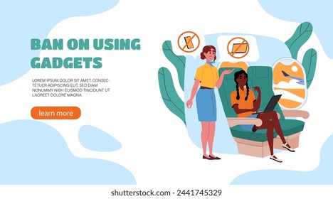 Ban on using gadgets poster. Women sitting in airplane. Prohibition to use laptops and smartphones inside plane. Landing webpage design. Stewardess and passenger. Cartoon flat vector illustration