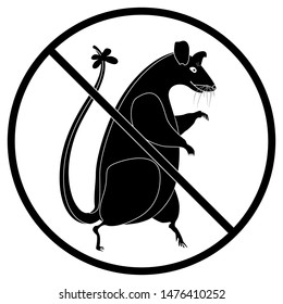 Ban for rats. Round prohibition sign and big rat. The concept of environmental protection from harmful rodents. Icon, logo, sticker for design on the theme of danger from rats.