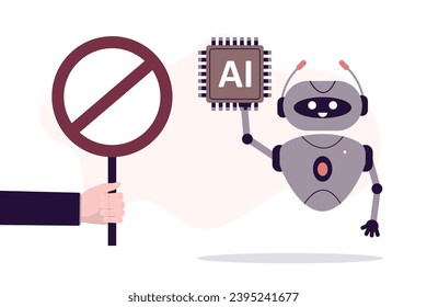 Ban robots, fear of future. Human hand holds sign prohibiting robot. Stop industrial robots, ban mechanical bot, chatbot. Protection from fast development of technology. Control over ai. flat vector