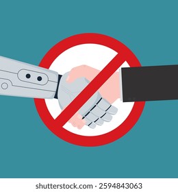 Ban robots, fear of future. Human and robot handshake in red prohibition sign. Stop industrial robots, ban mechanical bot, chatbot. Protection from fast development of technology. Control over ai.