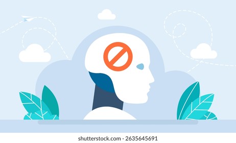 Ban robots, fear of future. Red prohibition sign. Control over ai. Prohibited AI concept featuring humanoid robot head on screen with red forbidden sign overlay. Vector illustration