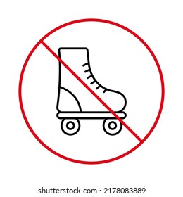 Ban Rollerskate Black Line Icon. Sport Footwear Red Stop Circle Symbol. Forbidden Roller Skate Pictogram. No Allowed Skating Sign. Prohibited Roll Zone. Isolated Vector Illustration.