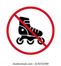 Ban Rollerskate Black Silhouette Icon. Forbidden Roller Skate Pictogram. Sport Footwear Red Stop Circle Symbol. No Allowed Skating Sign. Prohibited Roll Zone. Isolated Vector Illustration.