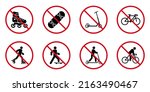 Ban Rollerskate Silhouette Icon Set. Bike Forbid Pictogram. Skateboard Roller Skate Kick Scooter Permit Green Symbol. No Allowed Skating Sign. Prohibit Wheel Transport. Isolated Vector Illustration.