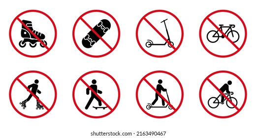 Ban Rollerskate Silhouette Icon Set. Bike Forbid Pictogram. Skateboard Roller Skate Kick Scooter Permit Green Symbol. No Allowed Skating Sign. Prohibit Wheel Transport. Isolated Vector Illustration.