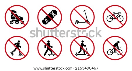 Ban Rollerskate Silhouette Icon Set. Bike Forbid Pictogram. Skateboard Roller Skate Kick Scooter Permit Green Symbol. No Allowed Skating Sign. Prohibit Wheel Transport. Isolated Vector Illustration.