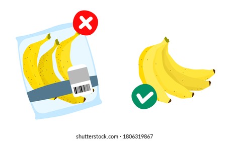 Ban single use plastic, stop sign. Choose plastic free. Zero Waste shopping concept. Packed bananas in plastic bag with prohibition sign. Whole bananas in reusable eco bag 