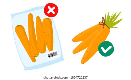 Ban single use plastic, stop sign. Choose plastic free. Zero Waste shopping concept. Packed carrots in plastic bag with prohibition sign. Carrots without packing with permitting sign.