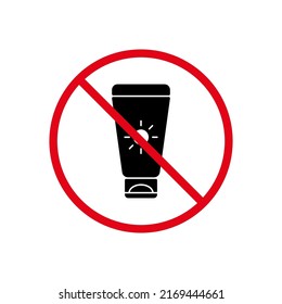 Ban Sunscreen Black Silhouette Icon. Spf Cosmetic Bottle Sunblock Forbidden Pictogram. Tan Body Red Stop Circle Symbol. No Tanning Lotion Sign. Sun Screen UV Prohibited. Isolated Vector Illustration.