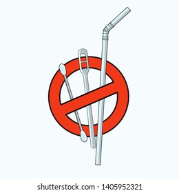 Ban symbol of 3 single-use plastic items : straw, stirrer and cotton ear bud. Vector illustration outline flat design style.