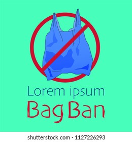 Ban symbol and outline flat icon of plastic bag, typographic design with text space. Ban plastic bag concept. Vector illustration.
