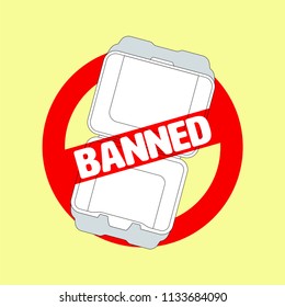 Ban symbol and outline flat icon of styrofoam container. Ban styrofoam concept. Vector illustration.