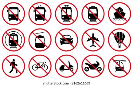 Ban Transport Black Silhouette Icon Set. Forbidden Vehicle Car, Train, Bicycle, Trolley, Shuttle Bus, Tram, Bike, Motorcycle Pictogram. Prohibited Road Red Stop Symbol. Isolated Vector Illustration.