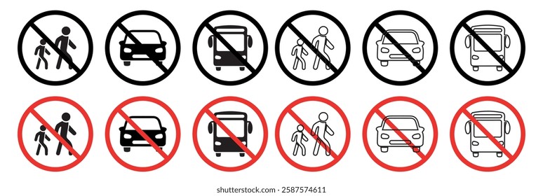 Ban Transport Black Silhouette Icon Set. Forbidden Vehicle Car, Train, Bicycle, Trolley, Shuttle Bus, Motorcycle Pictogram. Prohibited Road Red Stop Symbol. Vector Illustration.
