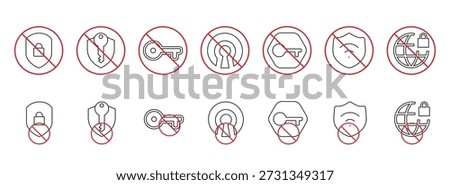 Ban VPN and security restriction icons editable stroke. Access denied vector set. Blocked internet and firewall prohibition line art symbols. No VPN allowed icons, Network security warning symbols.
