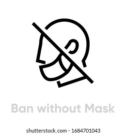 Icono de Prohibición sin máscara. Vector de línea editable. Un elemento cruzado de la cara de una persona está usando indebidamente un respirador. Pictograma único.