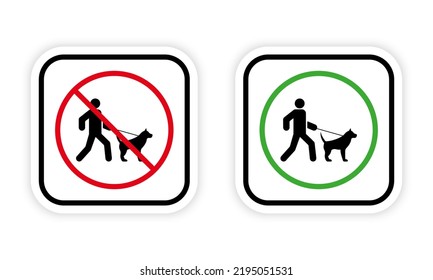 Ban Zone for Walking Dog Black Silhouette Icon. Male and Pet on Leash Walk Forbidden Pictogram. Prohibit Stroll Red Stop Circle Symbol. Allow Walk Animal Area Green Sign. Isolated Vector