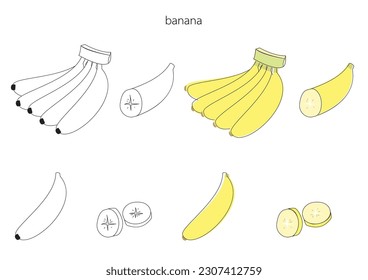 banana 2D collection, full of fruit and cut in half