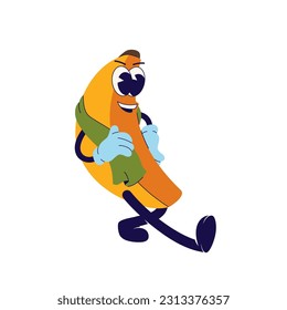 Banana, 70's groovy Retro print. illustration for tee, t shirt and sticker - poster design. Banana with towel, funky concept. Vector illustration.