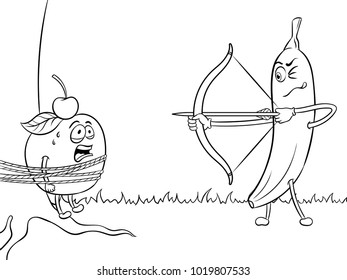 Banana aims at apple with bow coloring vector illustration. Isolated image on white background. Cartoon food character. Comic book style imitation.