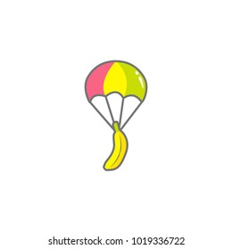 Banana airborne parachute falling from sky. Funny banana cartoon logo icon in soft color