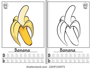 Banana Alphabet ABC Coloring Page B. Tracing all letters of English alphabet. Preschool activity for kids