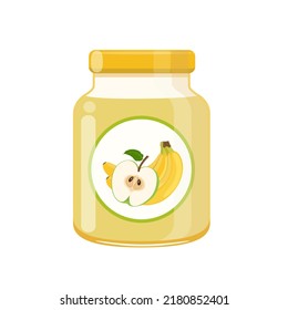 Banana apple baby food puree in glass jar, vector illustration isolated on white background