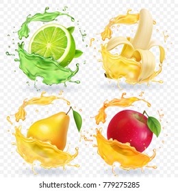 Banana, Apple, Lime, Pear Juice Realistic Fruits Splashes, Vector Icon Set