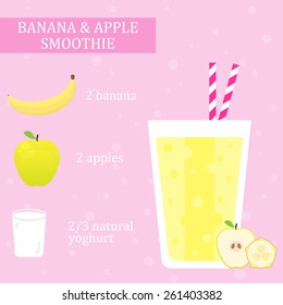 Banana and apple milkshake recipe. Menu element for cafe or restaurant with energetic fresh drink made in flat style. Fresh juice for healthy life. Organic raw shake. Vector illustration.