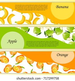 Banana, apple and orange fruit vector illustration. Vector square label or banner, jam, sauce or juice label on a pattern background. Grocery store or market poster