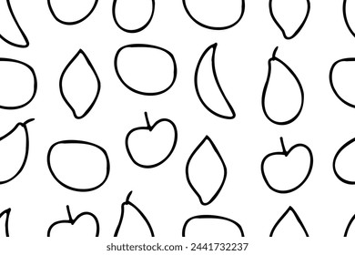 banana, apple, pear black and white outlines doodle seamless vector fruity fruits pattern