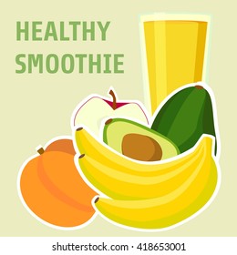 Banana, avocado,peach and apple smoothie . Menu element for cafe or restaurant with energetic fresh drink made in flat style. Organic raw shake. Vector illustration