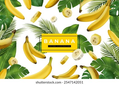 Banana background. 3D summer leaves and food. Tropical banner, frame with green leaf. Dessert from exotic palm fruit whole and cut. Flyer or poster. Vector design realistic isolated natural elements