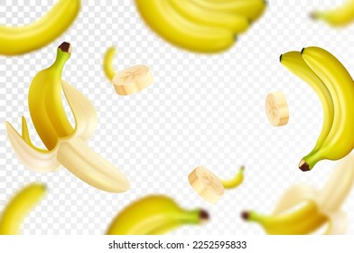 Banana background. Flying bananas are peeled and banana bunches. Unfocused and blurry effect. Can be used for wallpaper, banner, poster, print, fabric, wrapping paper. Realistic 3d vector illustration