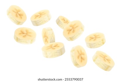 Banana background. Flying peeled banana slices. Unfocused and blurry effect. Can be used for wallpaper, banner, poster, print, fabric, wrapping paper. Realistic 3d vector illustration