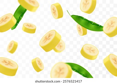 Banana background. Flying banana slices. Unfocused and blurry effect. Can be used for advertisement for a fruit stand, banner, poster, print, fabric, wrapping paper. Realistic 3d vector illustration