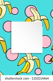 Banana background with pop art dots in 80s, 90s style. Summer tropical banner with 3d paper plate. Fruit badge with banana background for season sale, special offer, flyer and ad. Vibrant template.