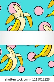 Banana background with pop art dots in 80s, 90s style. Summer tropical banner with 3d paper plate. Fruit label with banana background for season sale, special offer, flyer and ad. Colorful design.