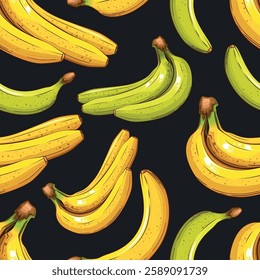 Banana Background. Seamless Pattern with fresh fruits. Seamless pattern with banana. Food Pattern. Fruits Background. Mixed fruits Pattern. Kitchen vibrant design. Hand drawn vector illustration