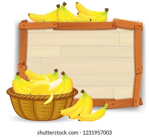 Banana in basket on wooden board illustration