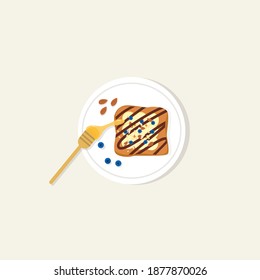Banana and berry toast with almond, oat flakes, granola, honey and syrup on top of it. Top view healthy breakfast, lunch sandwich with bread and fruits on plate. Colorful vector illustration.