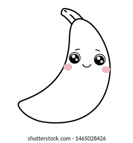 Banana with big cute eyes and pink cheeks. Cute kawaii cartoon fruit. Doodle veggie character on white background. Vector line illustration for kids design, colorings