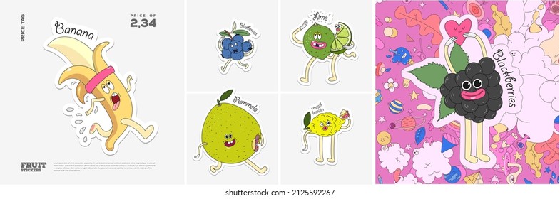 Banana, Blueberries, Lime, Pummelo, Rough lemon, Blackberries. Fruit. Set of vector stickers. Funny characters in doodle style. Hand-drawn cartoon icons with stroke.