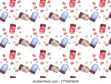 Banana, blueberry and strawberry ice cream pattern. Vector