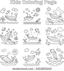 Banana boat sailing on the ocean, surrounded by playful dolphins fish that kids can color